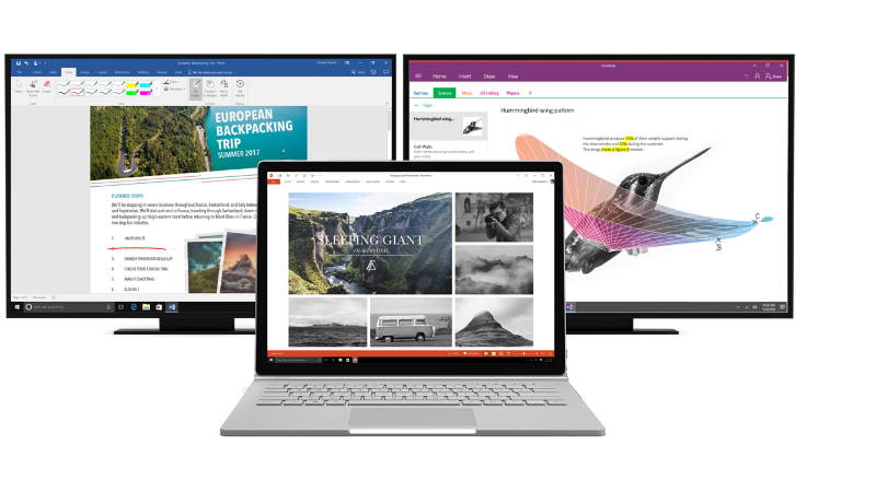 Three computer images with Office documents open on screen