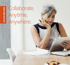 Collaborate anytime, anywhere with online meetings Woman looking at a tablet computer, get the Collaborate, anytime, anywhere eBook by completing form on destination page
