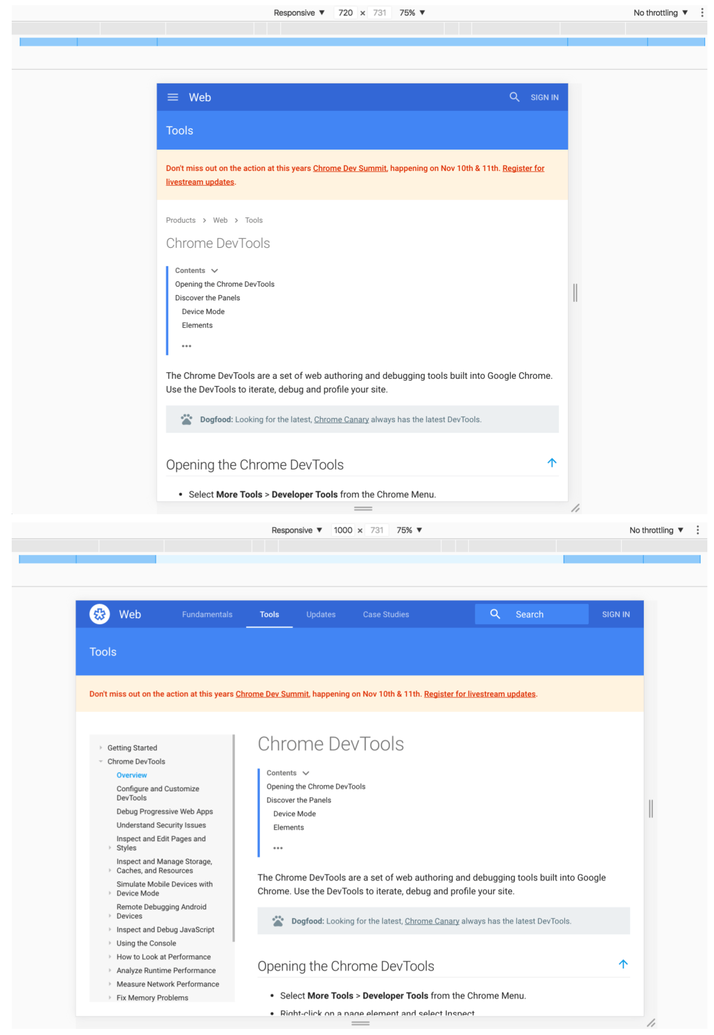 Example of DevTools' media queries feature