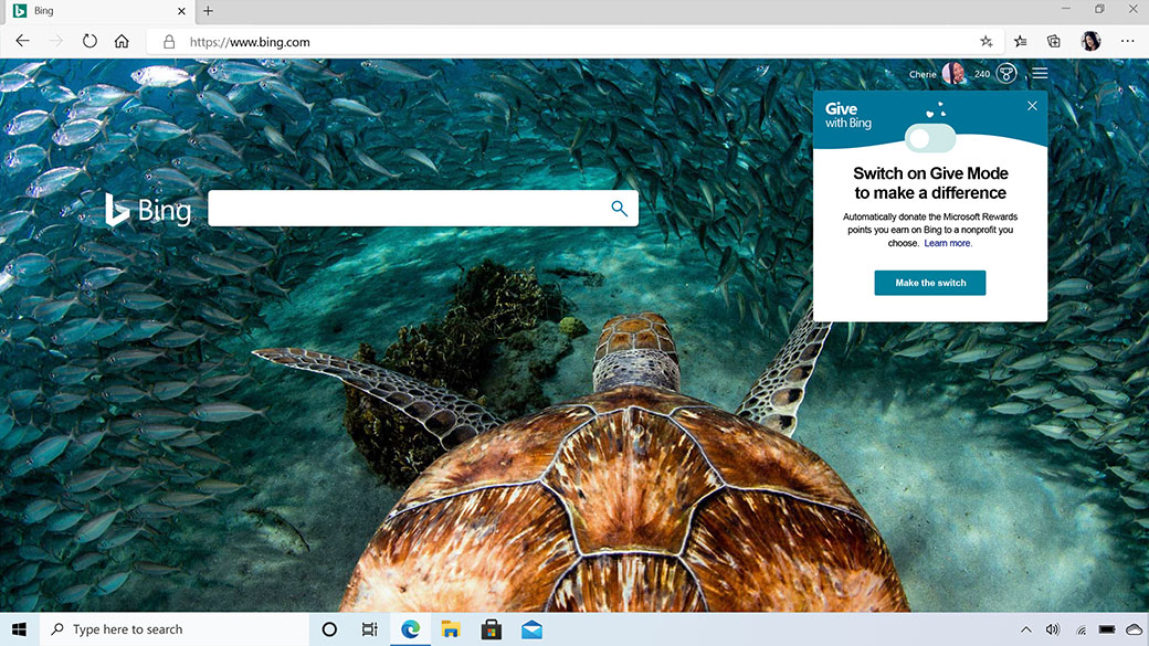 Microsoft Edge browser window showing Bing search engine with a photo of an underwater turtle