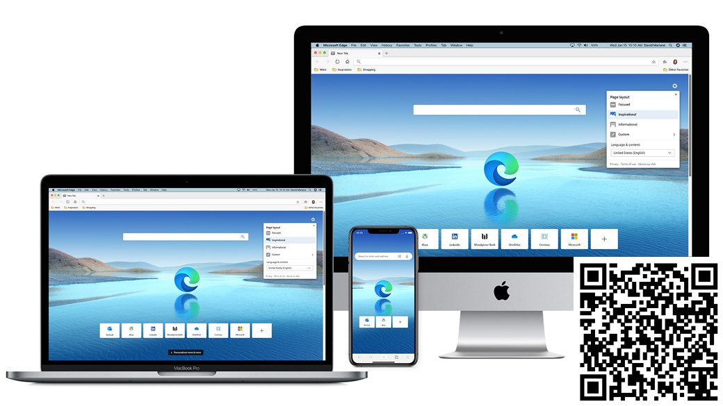Desktop, laptop, mobile phone devices with Microsoft Edge home screen with QR code.