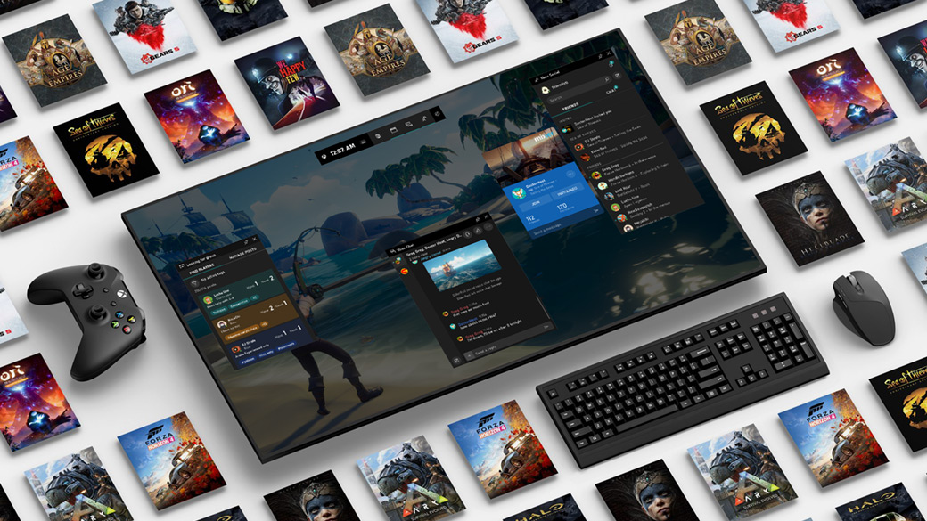 Multiple Windows 10 and Xbox game titles around digital screen with keyboard, mouse and controller
