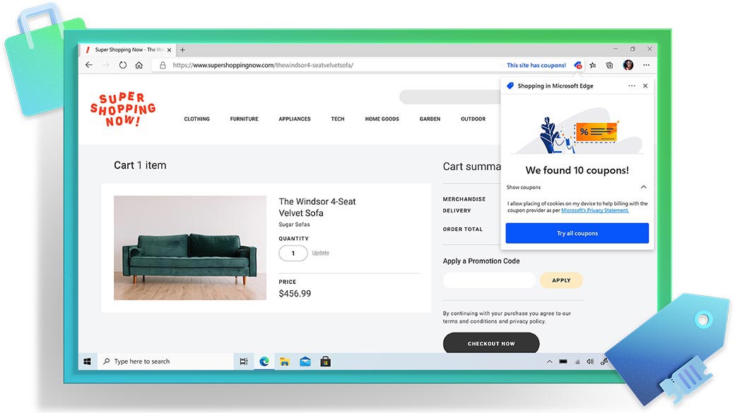 Microsoft Edge browser window showing a shopping webpage and Coupons feature