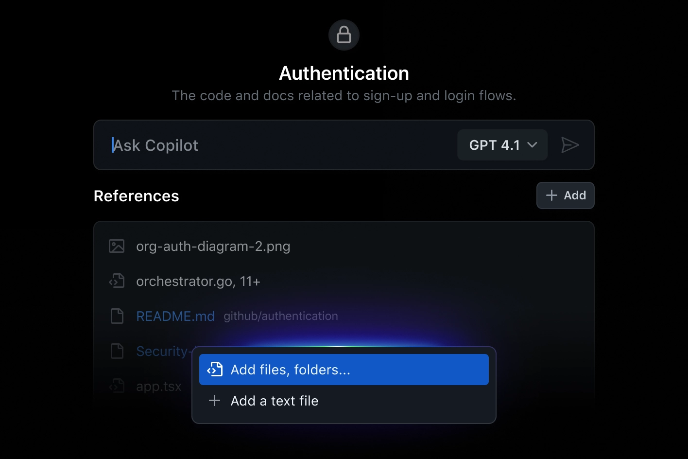 Authentication interface with lock icon, title 'Authentication', subtitle about sign-up/login flows, 'Ask Copilot' search bar (GPT 4.1), file references, and highlighted option to add files or text.